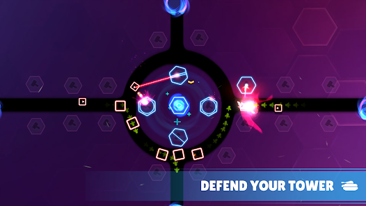 The Geometry TD oyununda savunma stratejisi için renkli geometrik arka plan